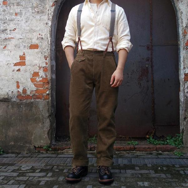 Men's classic fit brown pleated trousers with detachable adjustable suspenders.