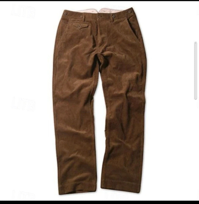 Close-up of adjustable suspenders attached to men's brown pleated trousers.