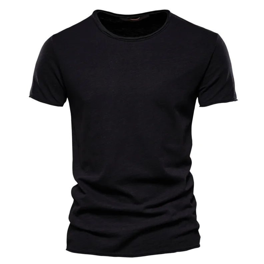 A model showcases the comfortable fit of the men's everyday classic t-shirt.