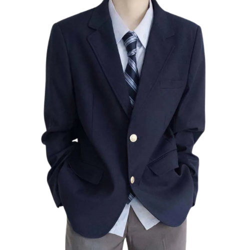 Men's classic fit navy blazer with elegant gold buttons, perfect for formal or smart casual wear.