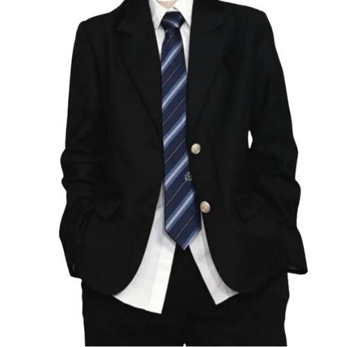 Close-up of a men's black blazer featuring stylish gold button detailing, a versatile fashion staple.