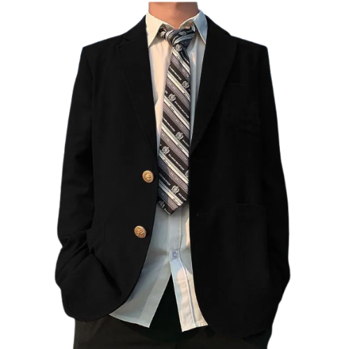 Man wearing a classic fit blazer with gold buttons, showcasing its smart casual appeal and versatility.