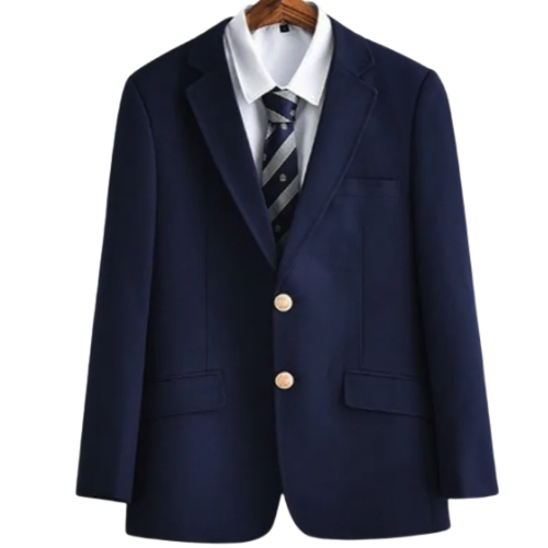 Stylish men's fashion: a classic fit blazer in navy, detailed with elegant gold buttons for a refined look.