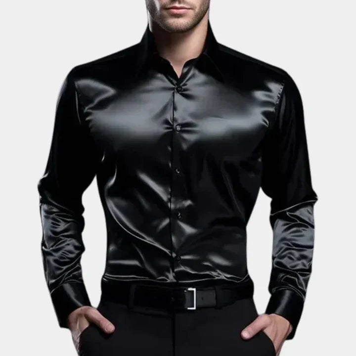 Black men's classic stretch shirt, long sleeve button down, offering effortless style & comfort.