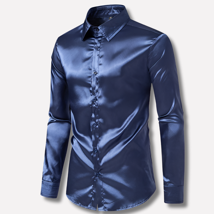 Navy blue men's stretch shirt, classic long sleeve, ideal for formal wear or business casual outfits.