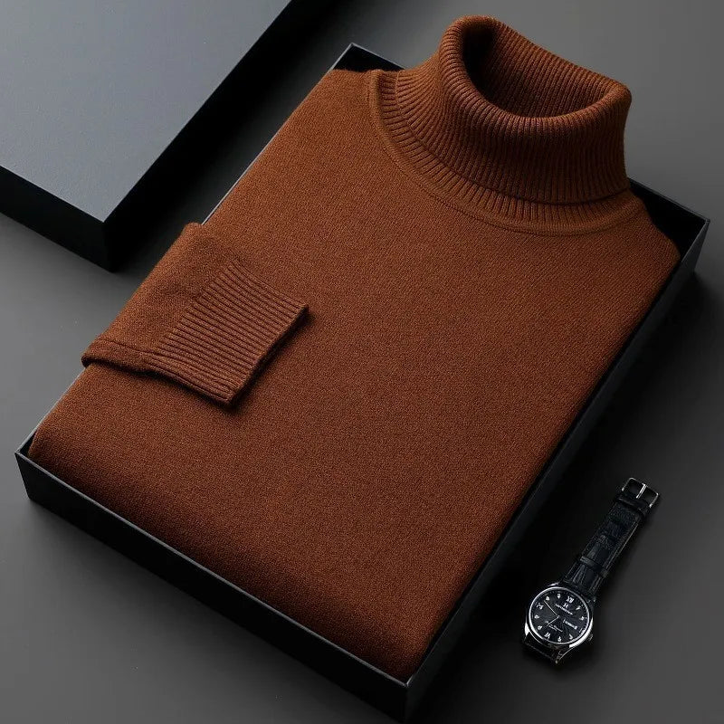 High-quality men's classic fit turtleneck sweater, a cozy pullover offering timeless style for winter.