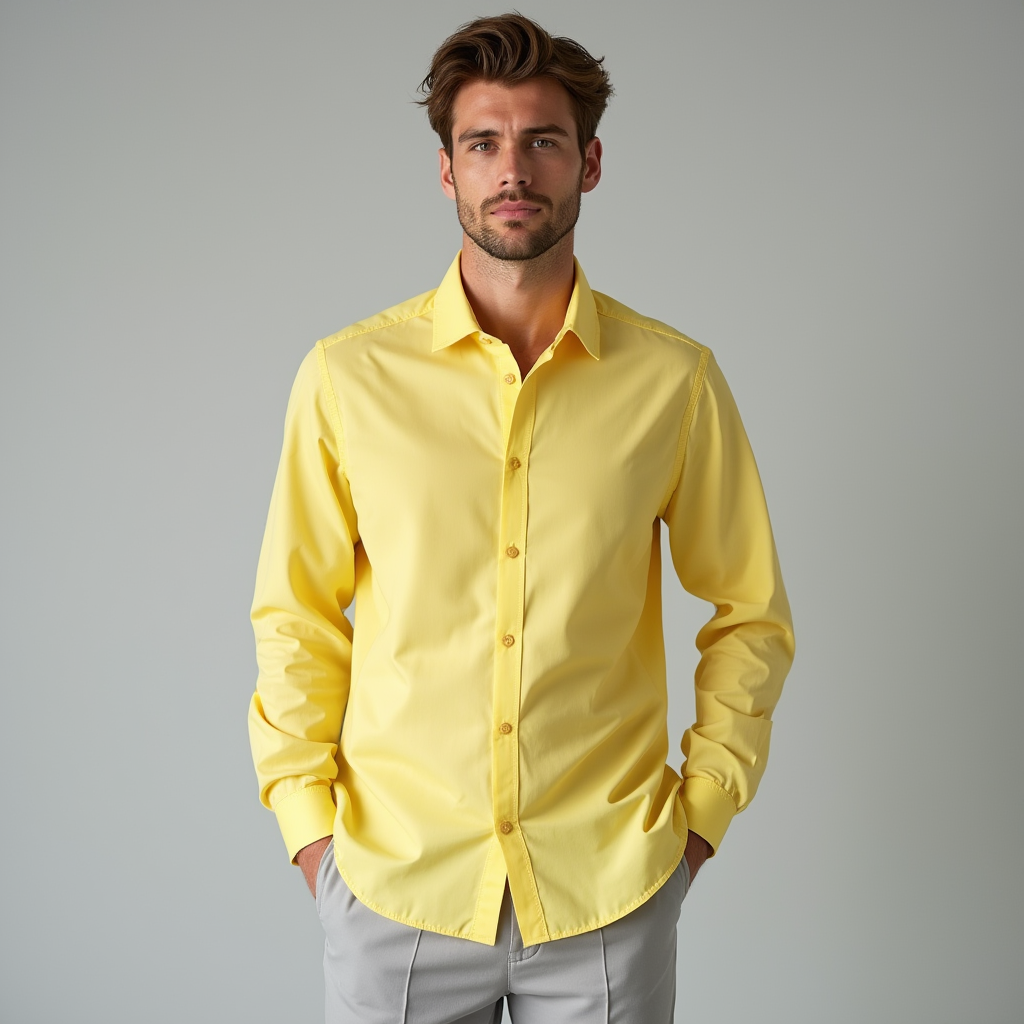 Men's classic fit yellow long sleeve button-down dress shirt. Versatile for formal or casual men's fashion.