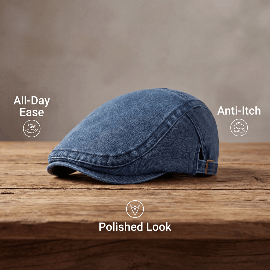 Durable men's flat cap in navy blue, designed for everyday wear and lasting style.