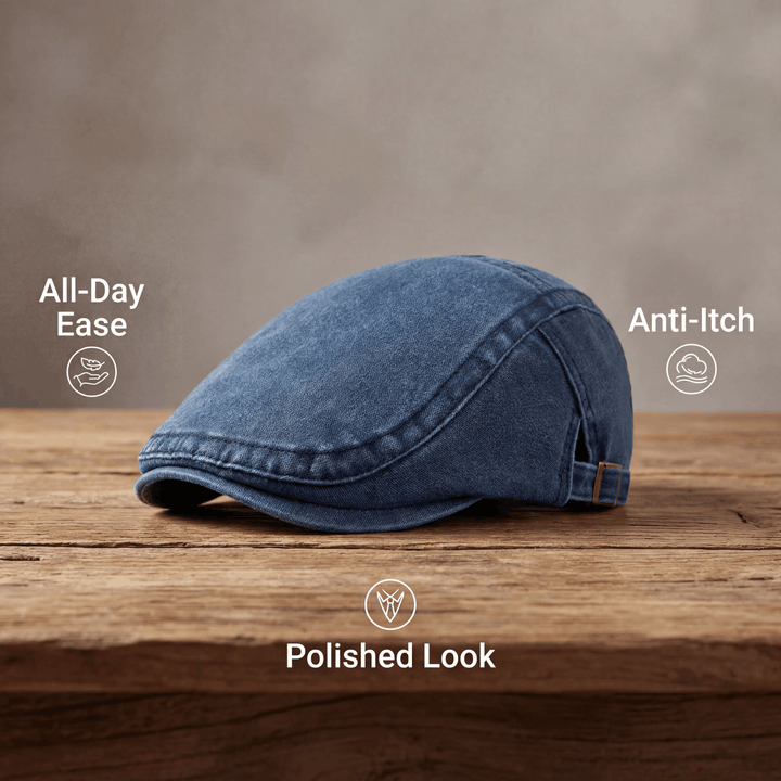 Durable men's flat cap in navy blue, designed for everyday wear and lasting style.