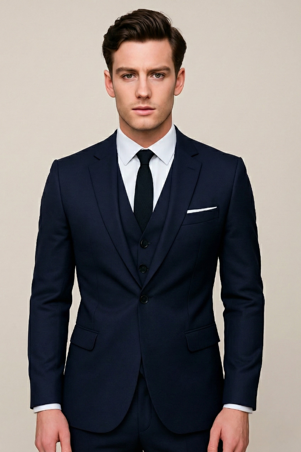 Men's classic formal three-piece suit in a sophisticated slim fit, perfect for weddings, business, or elegant events.