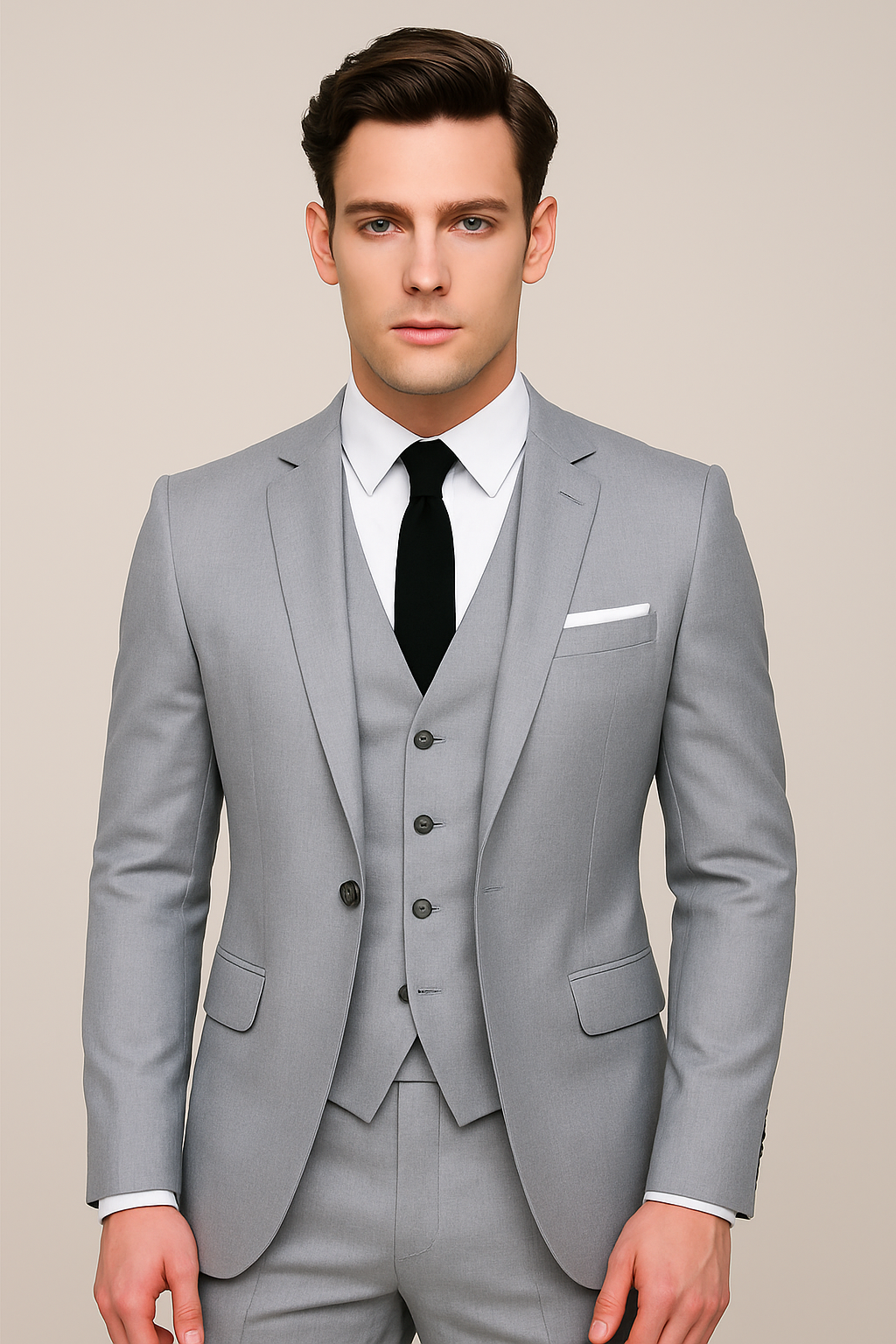 Elegant navy blue men's slim fit three-piece suit for formal events, wedding attire, and professional business.