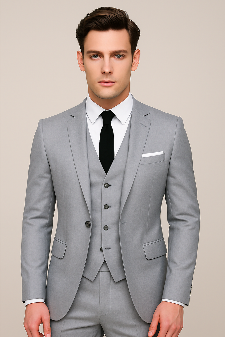 Elegant navy blue men's slim fit three-piece suit for formal events, wedding attire, and professional business.