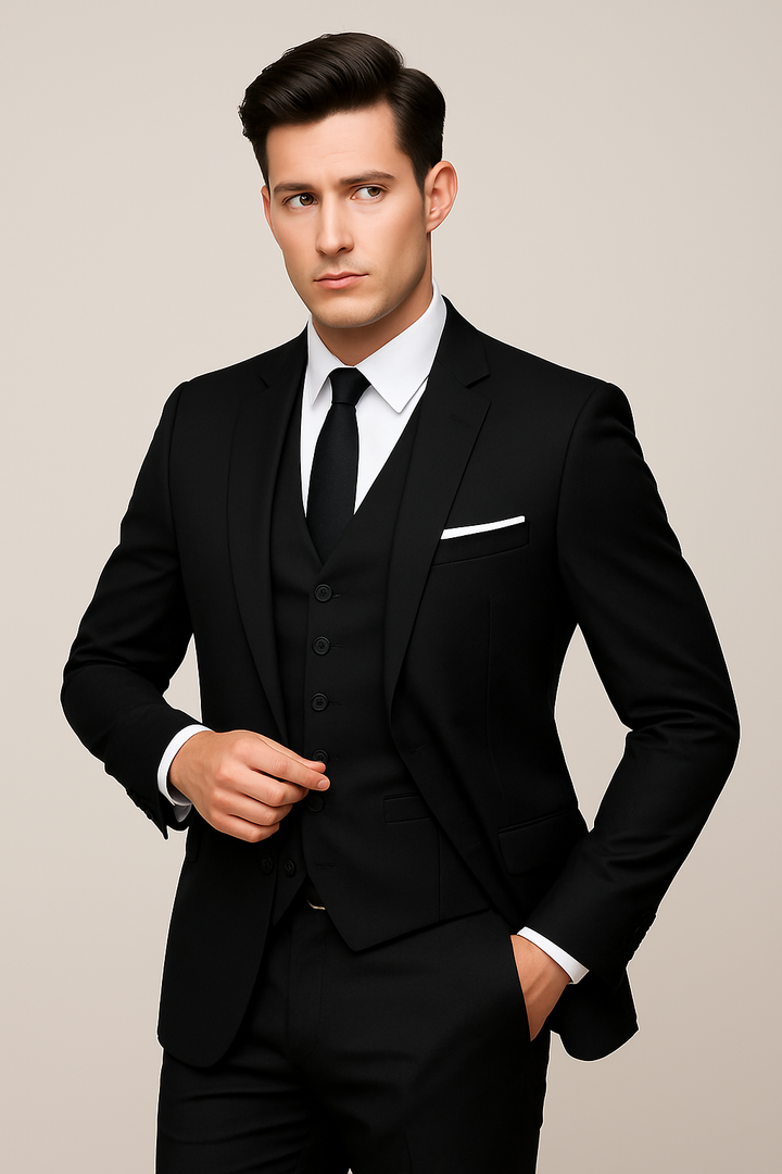 Stylish men's grey formal three-piece suit, a versatile slim fit design for business, weddings, and formal occasions.