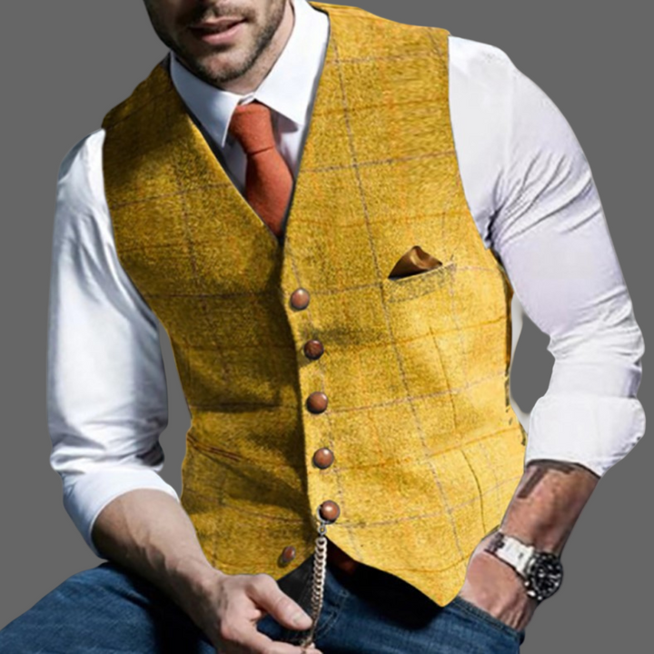 Elegant men's double-breasted V-neck formal vest. A classic tailored piece for business, weddings & fashion.