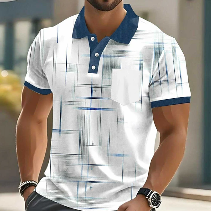 Men's classic geometric button-up shirt, bold pattern. Stylish modern long-sleeve top for smart casual wear.