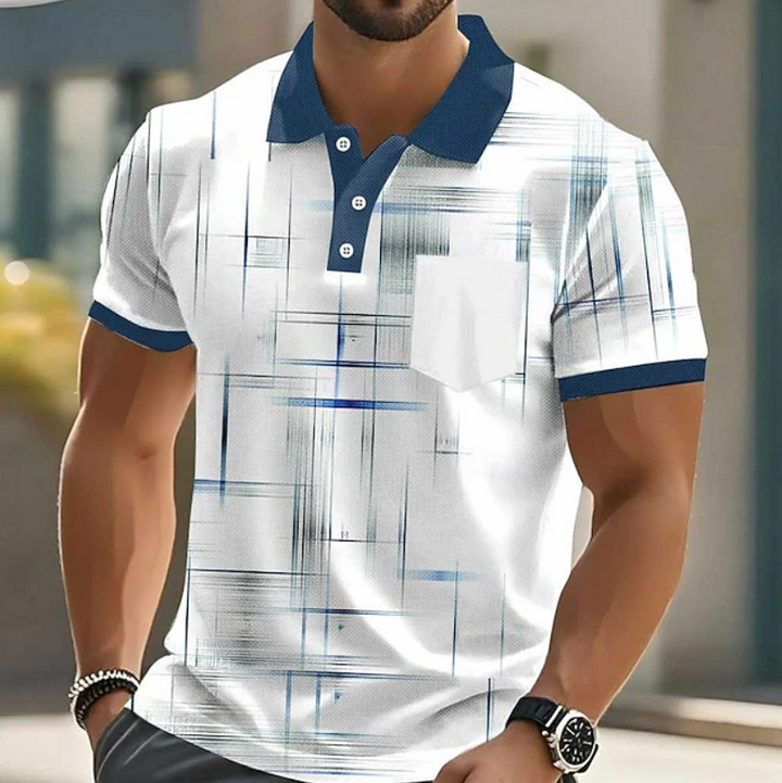 Men's classic geometric button-up shirt, bold pattern. Stylish modern long-sleeve top for smart casual wear.