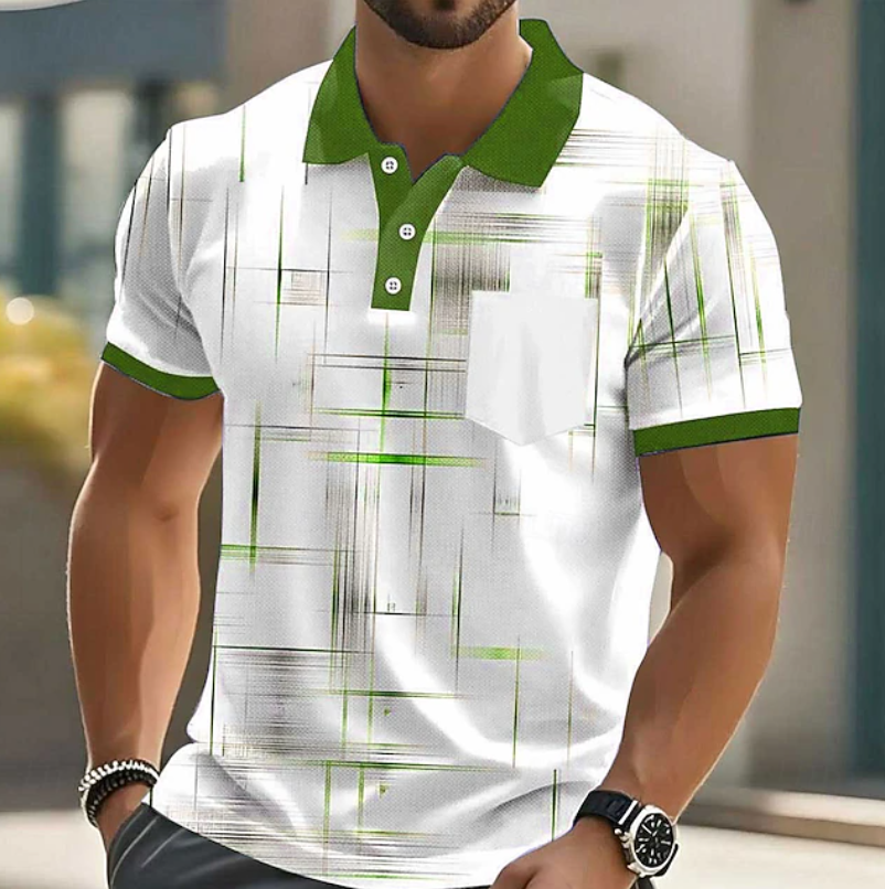 Men's long-sleeve geometric button-up shirt. Bold patterned men's fashion for modern smart casual or casual wear.