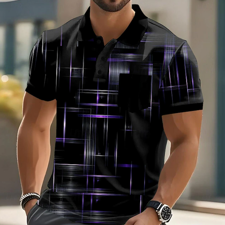 Classic men's long-sleeve button-up shirt with a bold geometric pattern. Stylish modern men's fashion.
