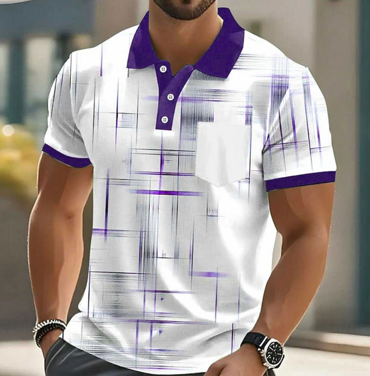 Modern men's geometric patterned long-sleeve button-up shirt. Stylish, bold, ideal for smart casual fashion.