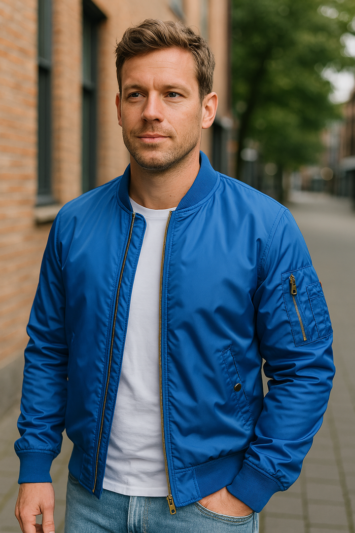 Stylish black zip-up bomber jacket for men, ideal for streetwear and everyday style.