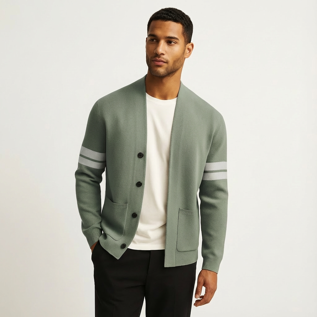 Men's classic green button-front cardigan with stylish stripe sleeves, perfect for casual or smart-casual wear.