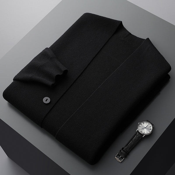 Black men's lightweight cardigan, button-front design. Distinctive stripe sleeves add a touch of modern style.