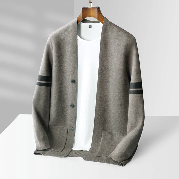 Men's smart-casual beige cardigan. Button-front sweater with elegant stripe sleeves, perfect for any occasion.
