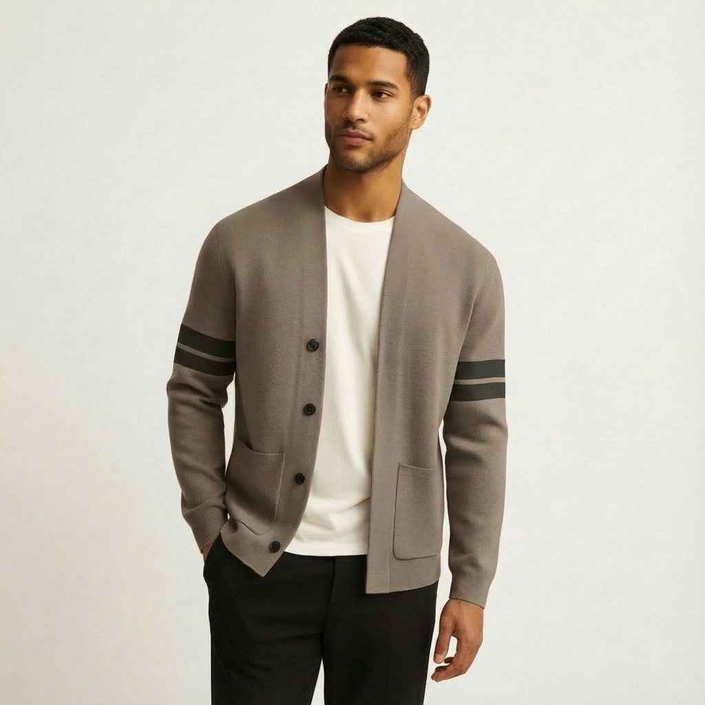 Classic brown men's button-front cardigan, detailed with fashionable stripe sleeves. An essential layering piece.