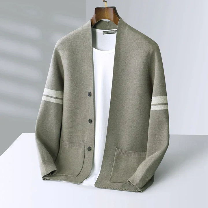 Stylish green men's button-front sweater, a lightweight cardigan with eye-catching stripe sleeves for fashion.