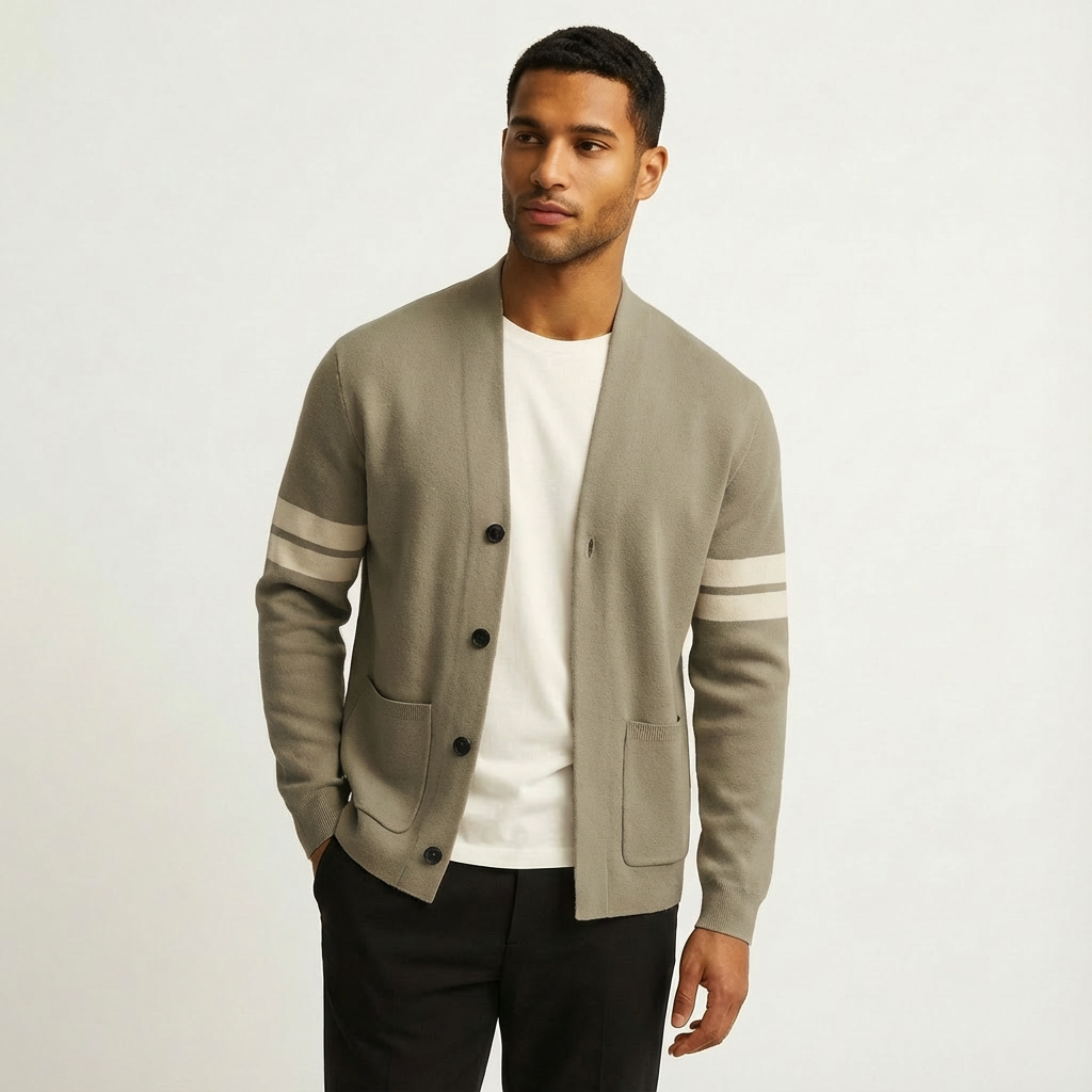 Black men's button-front cardigan, a versatile outerwear piece with distinctive stripe sleeves for contemporary style.