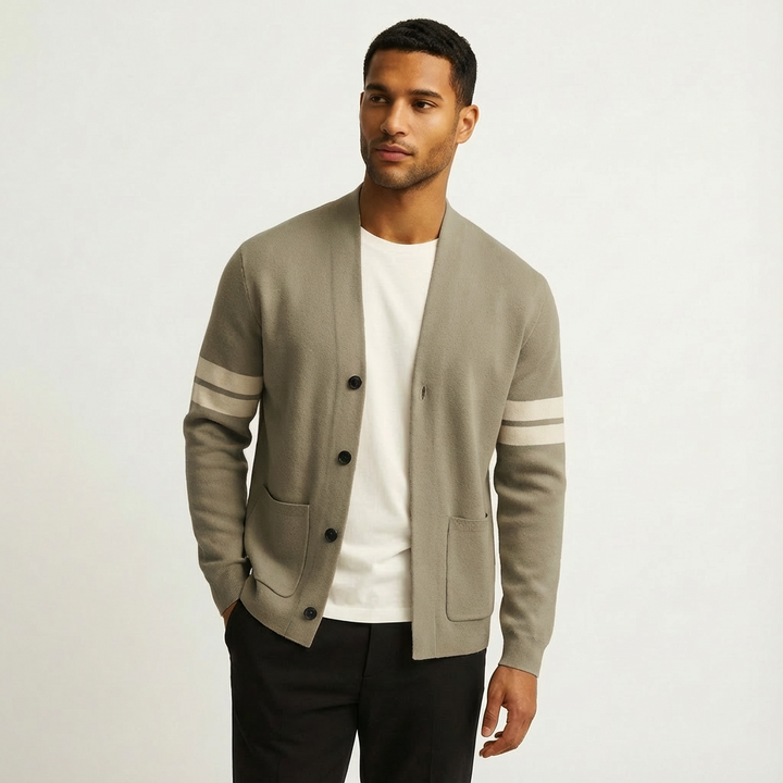 Black men's button-front cardigan, a versatile outerwear piece with distinctive stripe sleeves for contemporary style.