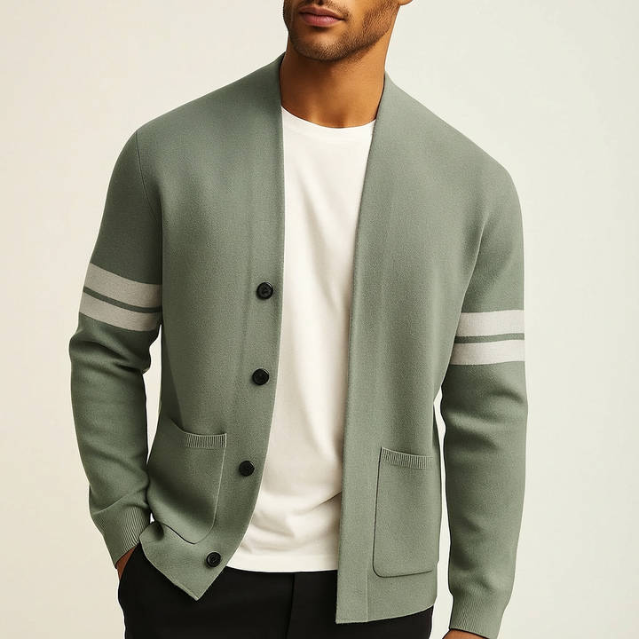 Black men's sweater, a lightweight button-front cardigan with distinctive stripe sleeves for versatile layering.