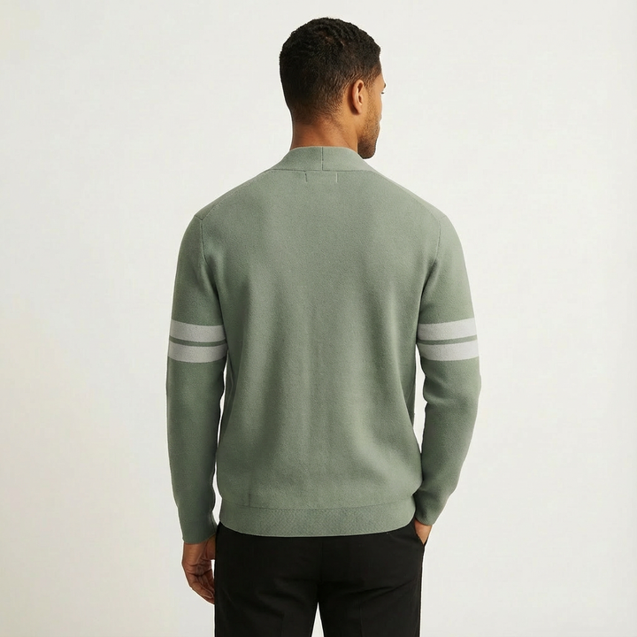 Stylish beige men's cardigan, button-front design with fashionable stripe sleeves, ideal for modern casual outfits.