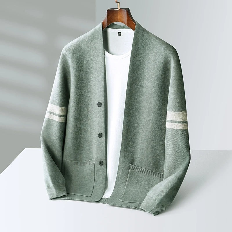 Brown men's classic button-front cardigan, featuring unique stripe sleeves. A smart-casual outerwear piece.