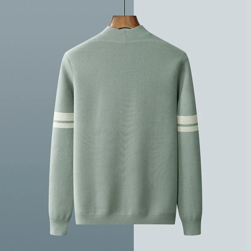 Lightweight men's button-front cardigan in green with prominent stripe sleeves. Great for fashion layering.