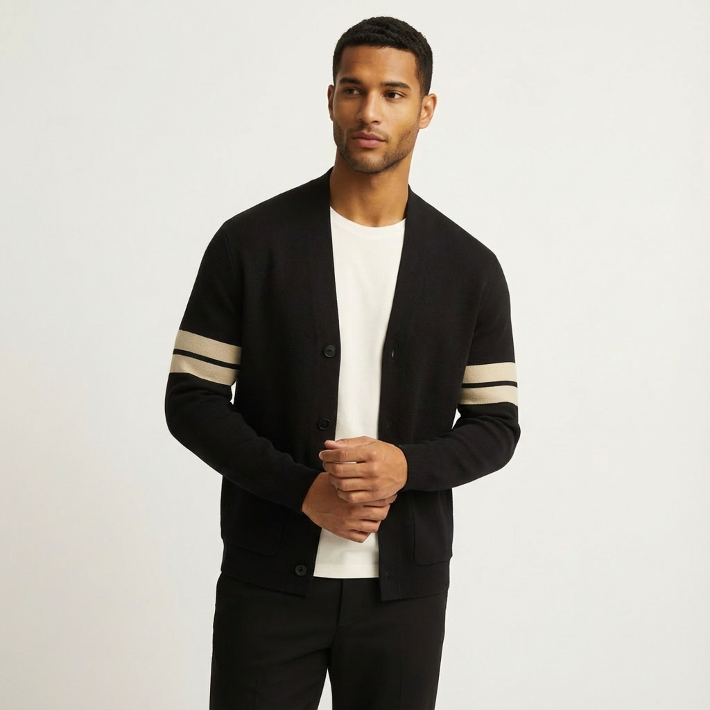 Versatile beige men's sweater. Classic button-front cardigan with smart stripe sleeves. Casual & smart-casual.