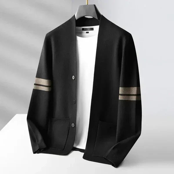 Men's fashion cardigan in brown, button-front style with eye-catching stripe sleeves for stylish layering.