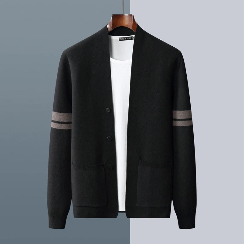 Green men's casual cardigan, a button-front sweater featuring chic stripe sleeves, suitable for everyday wear.