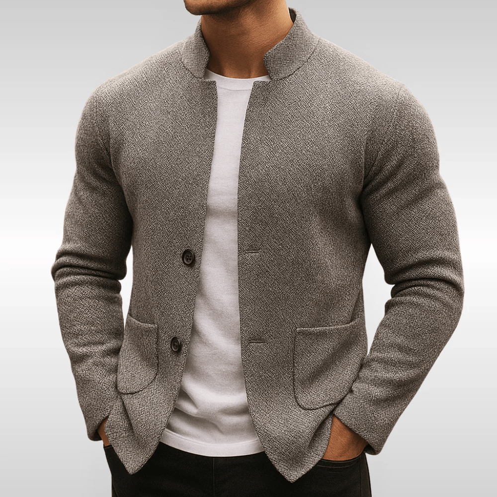 Men's classic grey textured cardigan with pockets, ideal for smart casual layering. Comfortable men's fashion.