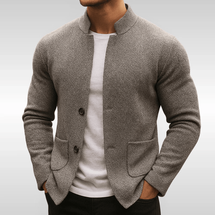 Men's classic grey textured cardigan with pockets, ideal for smart casual layering. Comfortable men's fashion.