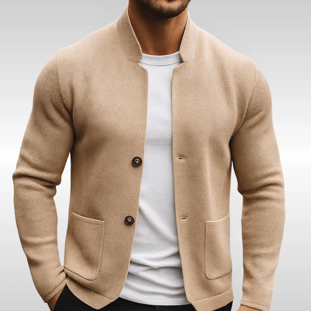 Elegant men's beige textured cardigan with practical pockets, a comfortable layering piece for business casual style.