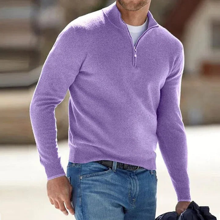 Close-up of the full-zip closure on a men's casual knitwear pullover.