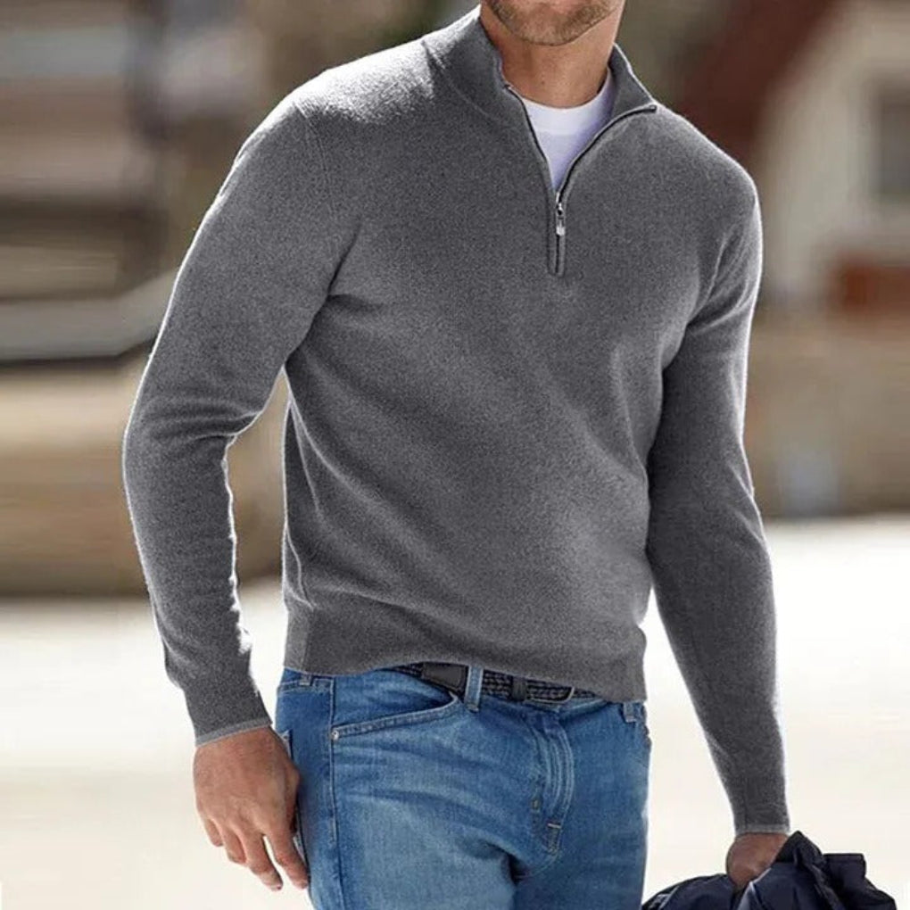 Model wearing a comfortable men's zipper sweater, perfect for layering.