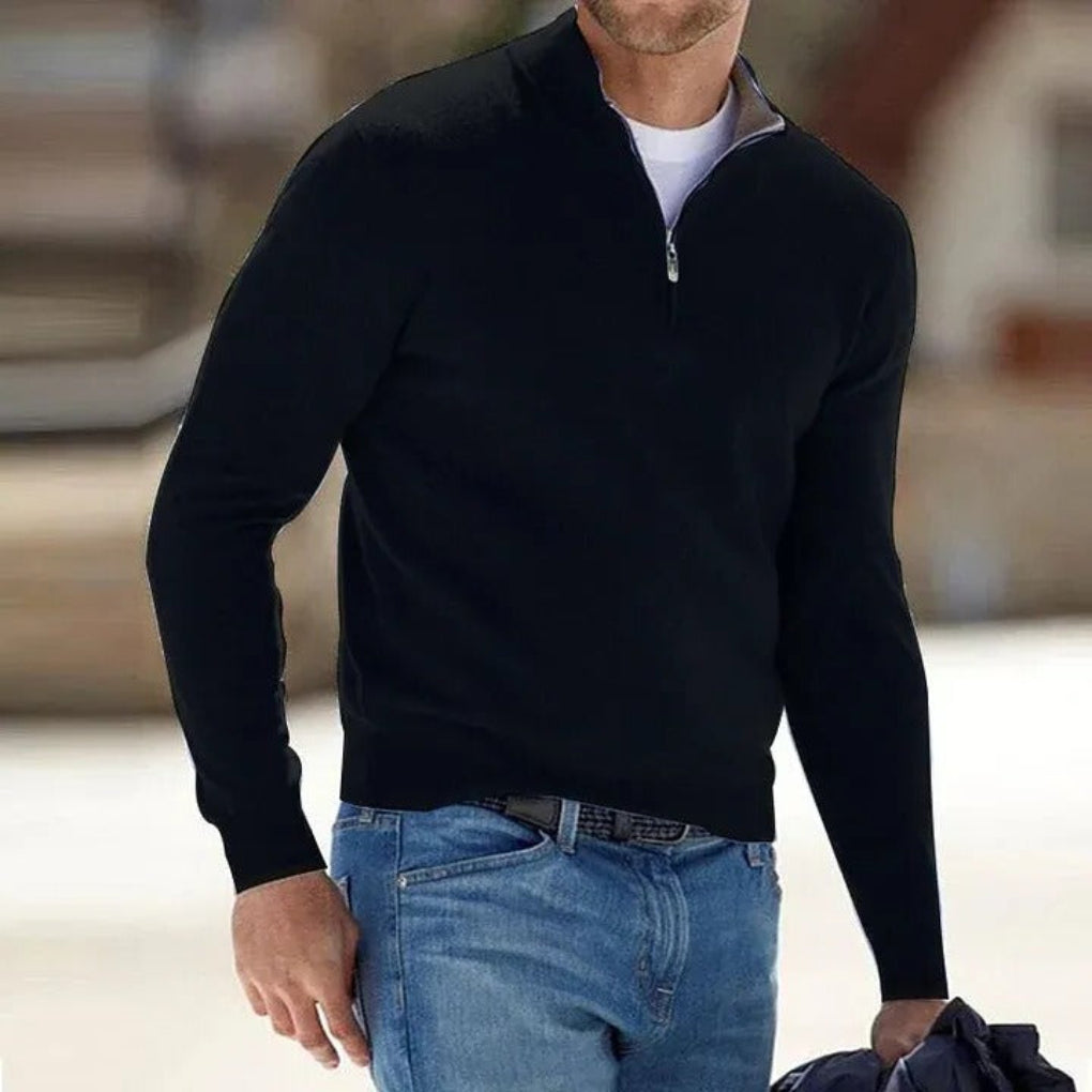 A timeless men's zipper sweater, ideal for casual outings and work.