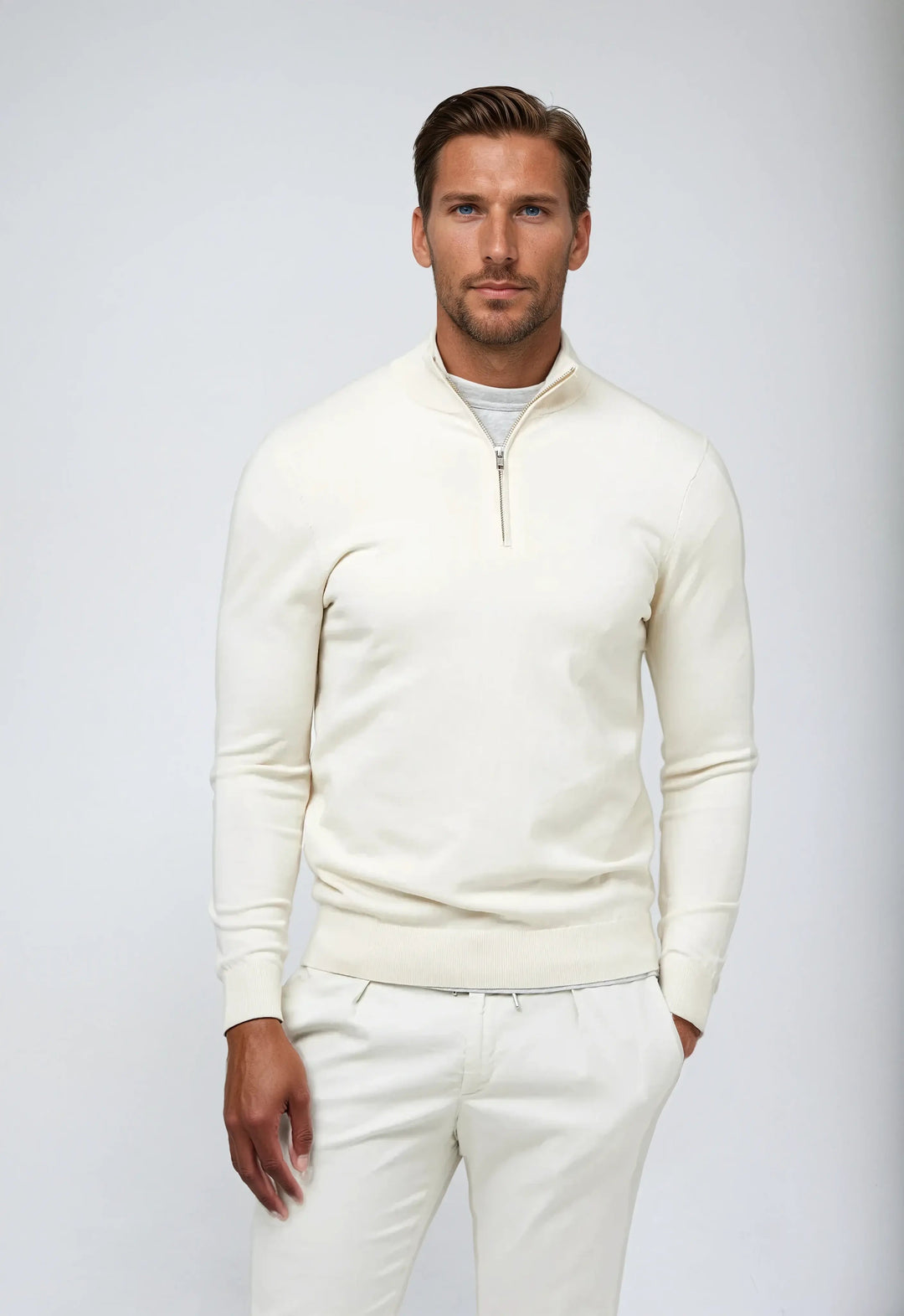 Men's classic half-zip pullover sweatshirt in tailored fit, ideal for smart casual everyday layering.