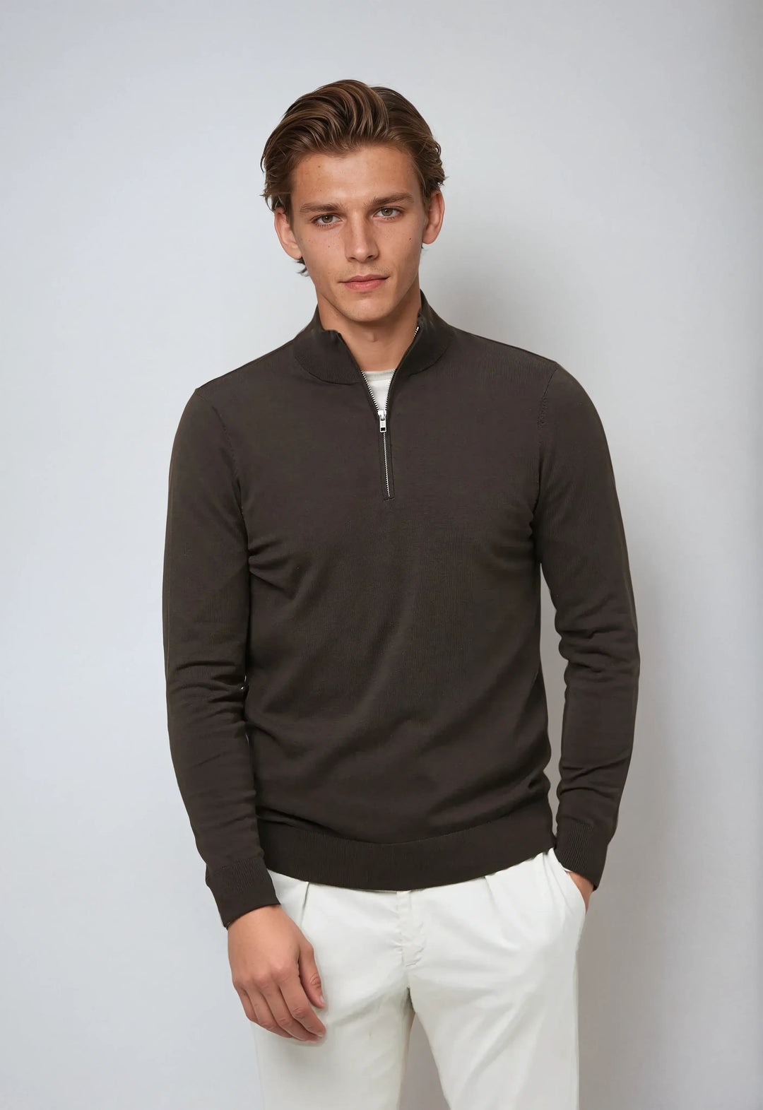 Tailored fit men's half-zip pullover. Classic long-sleeve sweatshirt in a casual, smart style for comfort.