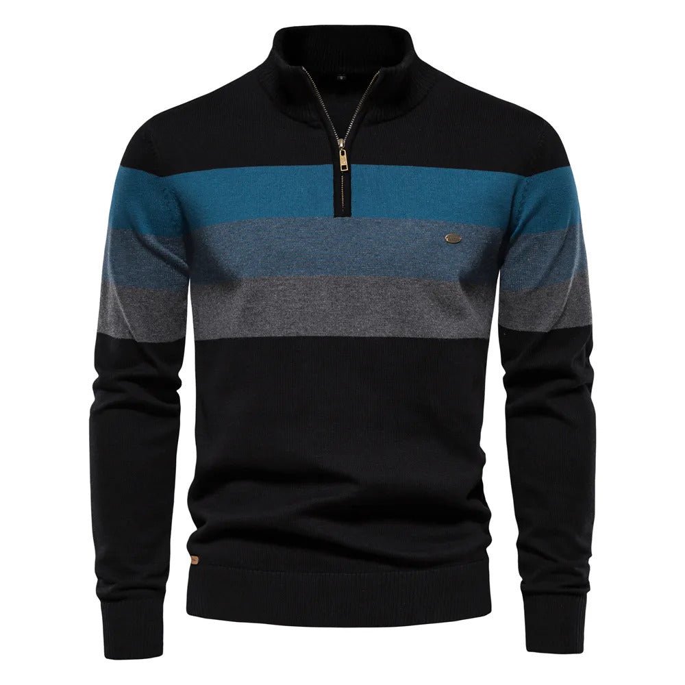 Men's classic half-zip striped sweater. Comfortable knitwear, perfect for fall and winter casual style.