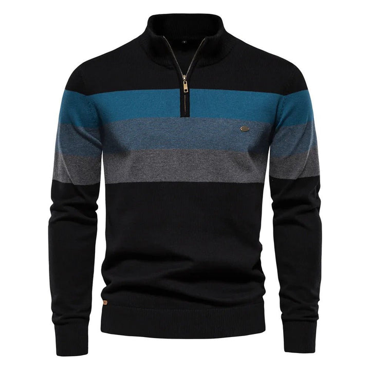 Men's classic half-zip striped sweater. Comfortable knitwear, perfect for fall and winter casual style.