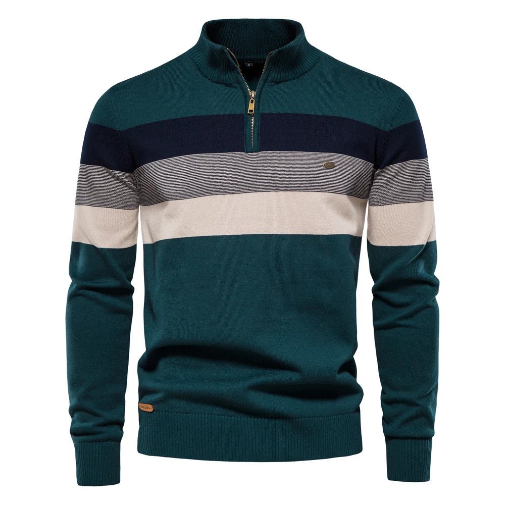 Stylish men's striped half-zip pullover. Long sleeve knitwear with a mock neck for comfortable winter fashion.