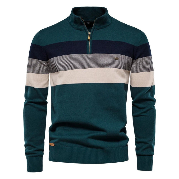 Stylish men's striped half-zip pullover. Long sleeve knitwear with a mock neck for comfortable winter fashion.